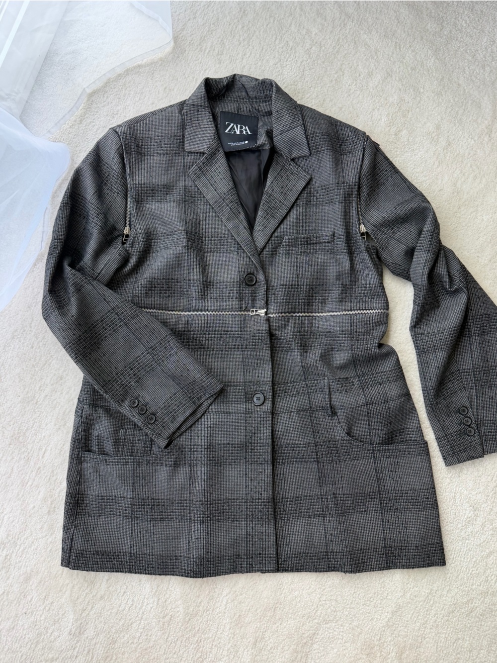 ZARA Gray Plaid Zippers Tailored Blazer Jacket